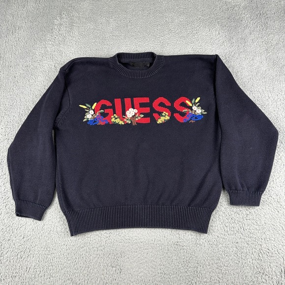 Guess Other - Vintage Guess Sweater Adult Medium Black Spell Out Flowers Embroidred 90s